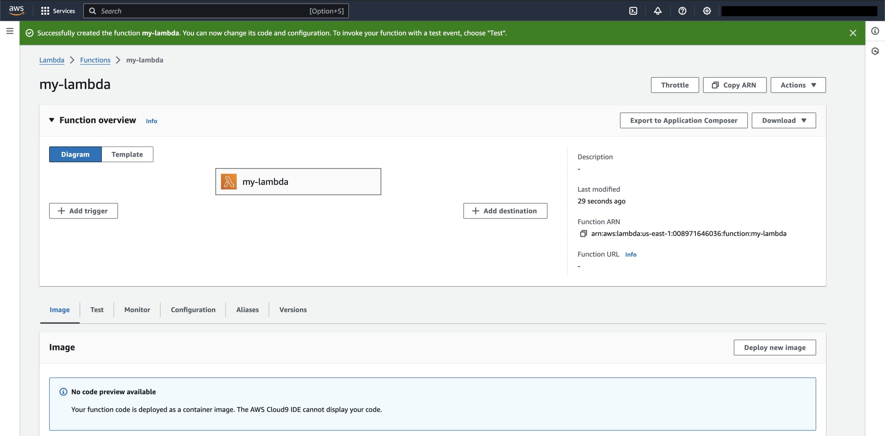 Screenshot of home page for the 'my-lambda' function on the AWS Console.